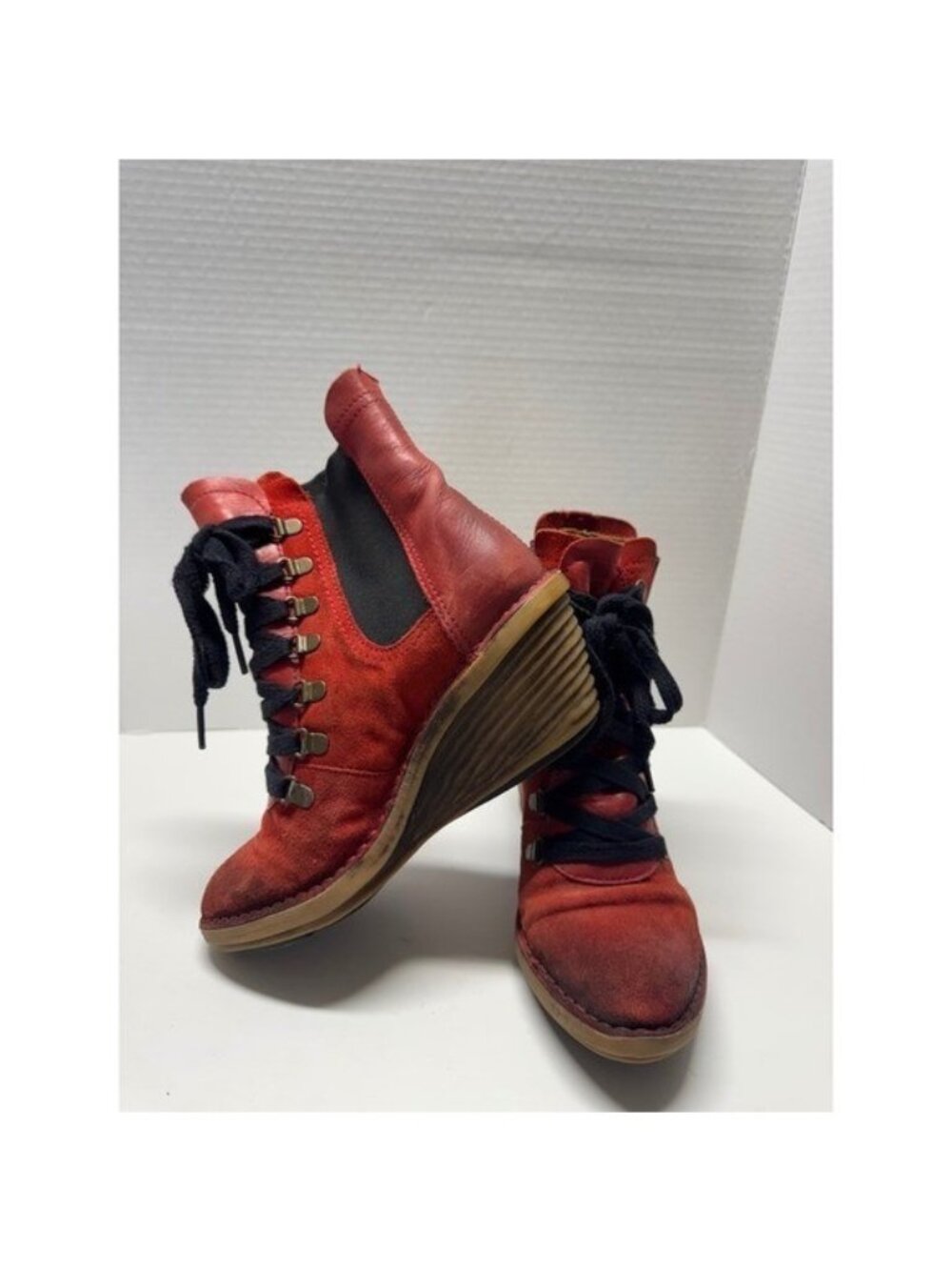 Fly London Red Leather Suede Lace Up Wedge Ankle Boots Womens 38 YETI